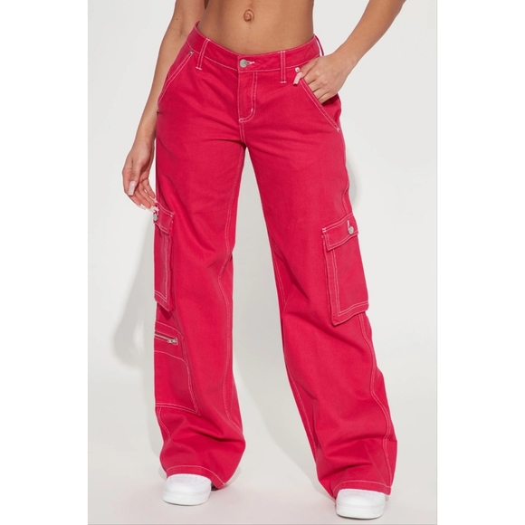 Fashion Nova | No Rules Mid Size Cargo Jeans - Pink - Picture 3 of 4